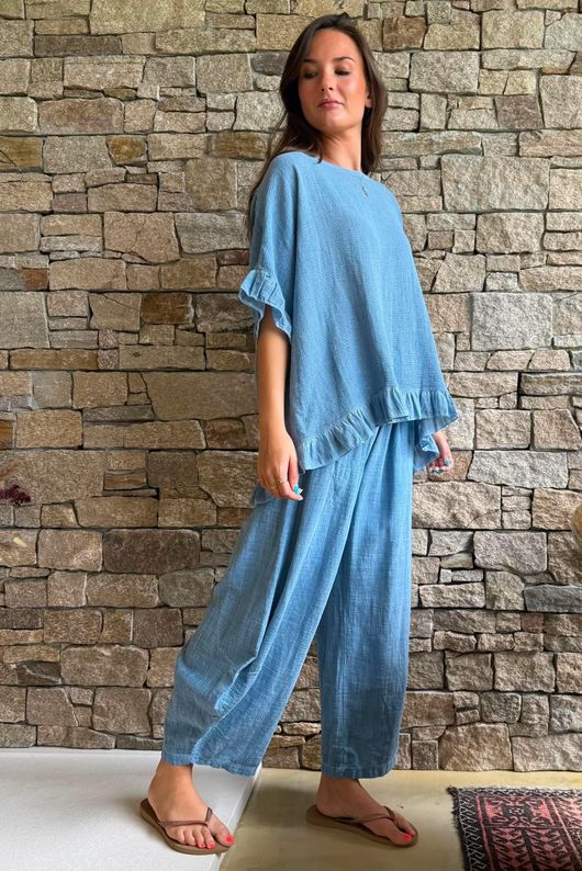Frame Hopsack Frill Box Top Washed Denim